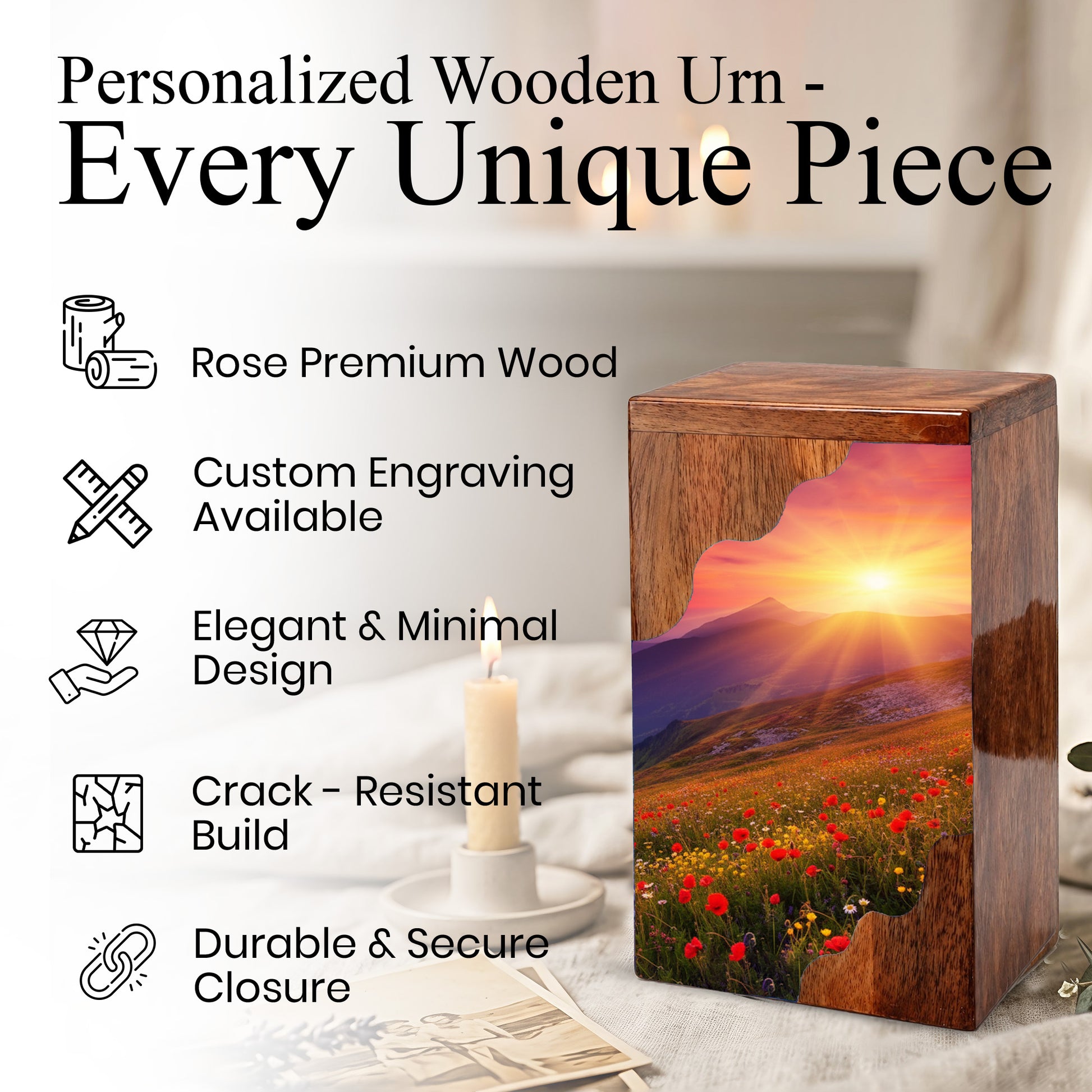 Sunrise Cremation Urn – Custom Wooden Memorial Urn Box for Ashes