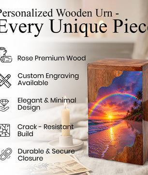 Beach Wooden Cremation Urn for Human Ashes | Rainbow Ocean Sunset Memorial Urn