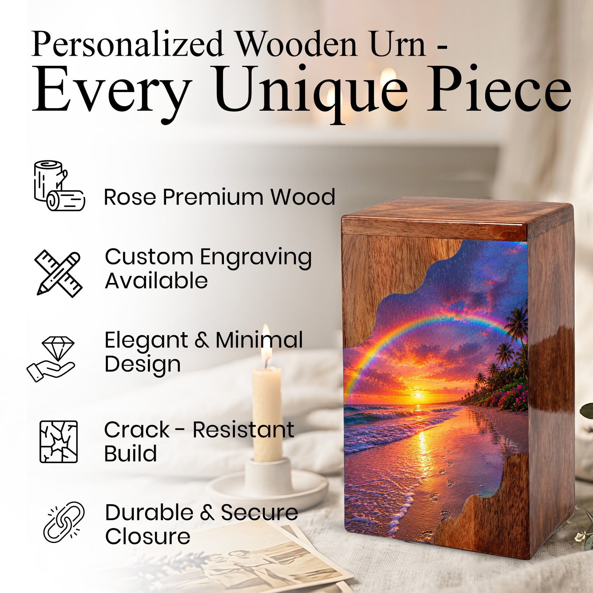 Beach Wooden Cremation Urn for Human Ashes | Rainbow Ocean Sunset Memorial Urn