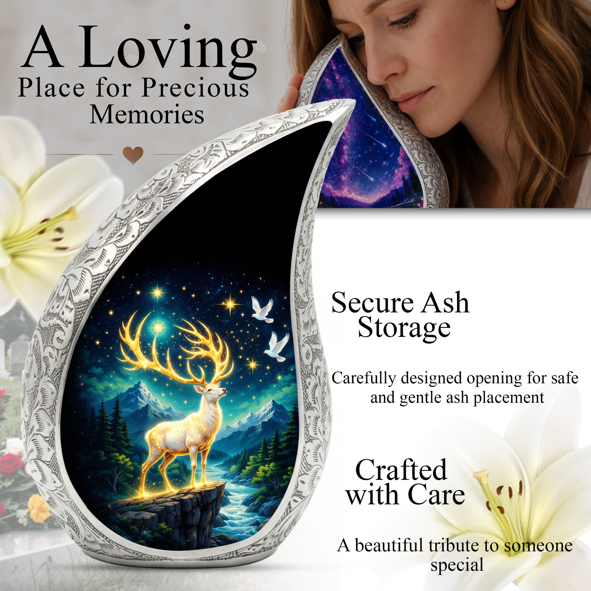 Golden Reindeer Night Landscape Cremation Urn for Adult Ashes