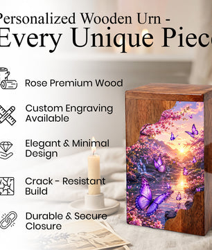Purple Butterfly Wooden Cremation Urn – Floral Waterfall Memorial Urn for Human Ashes