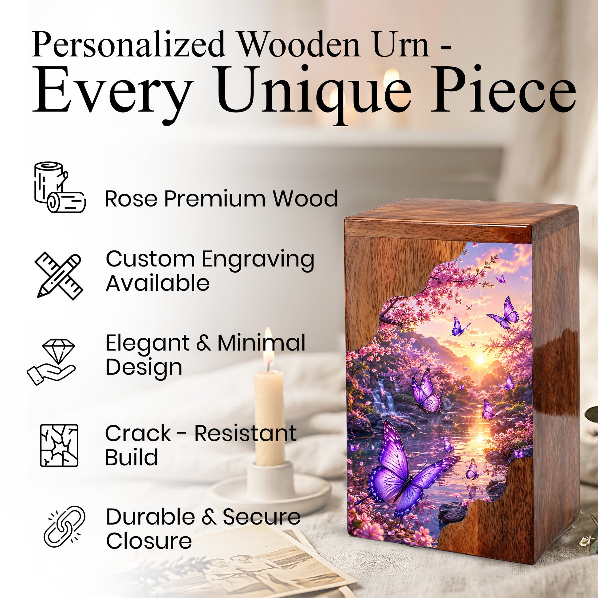 Purple Butterfly Wooden Cremation Urn – Floral Waterfall Memorial Urn for Human Ashes