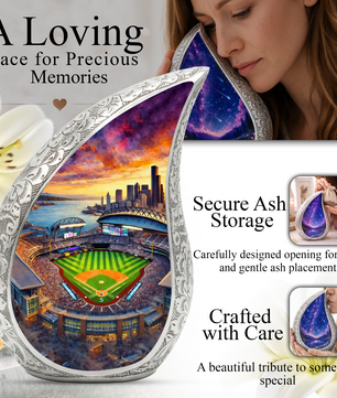 Baseball Stadium Personalized Cremation Urn – Teardrop Style Aluminum Memorial Urn, 10 Inch