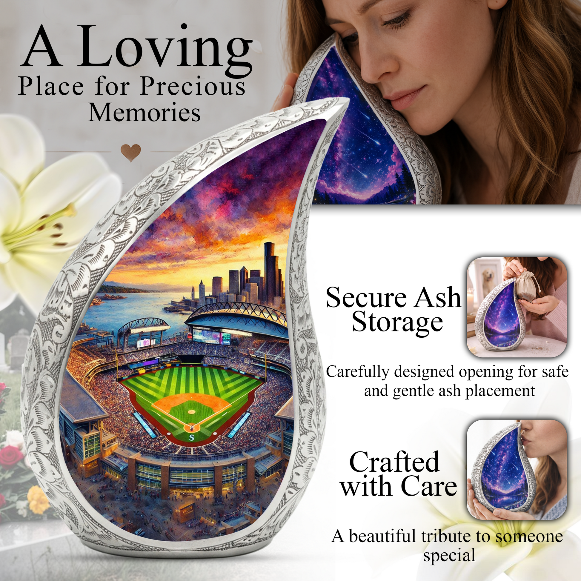 Baseball Stadium Personalized Cremation Urn – Teardrop Style Aluminum Memorial Urn, 10 Inch