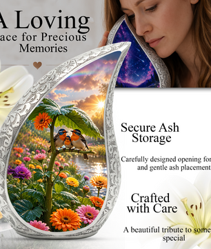 Bird Family Garden Adult Urn – Floral Nature Adult Cremation Urn for Human Ashes