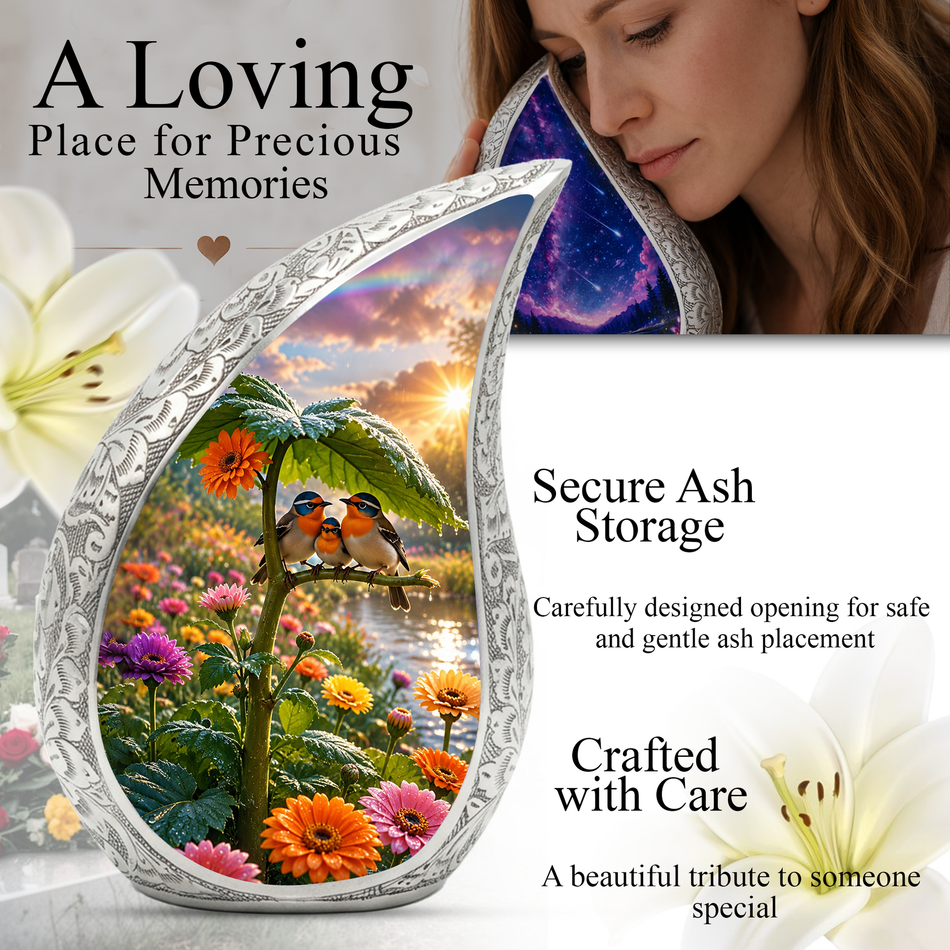 Bird Family Garden Adult Urn – Floral Nature Adult Cremation Urn for Human Ashes