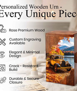 Classic Car Wooden Cremation Urn for Dad, Personalized Wooden Urn for Human Ashes
