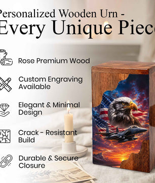 Military Eagle Wooden Cremation Urn for Human Ashes| American Flag Patriotic Funeral Urn
