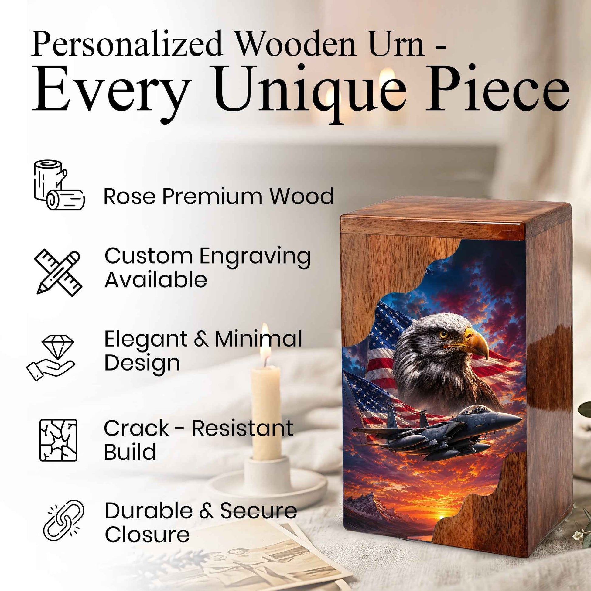 Military Eagle Wooden Cremation Urn for Human Ashes| American Flag Patriotic Funeral Urn