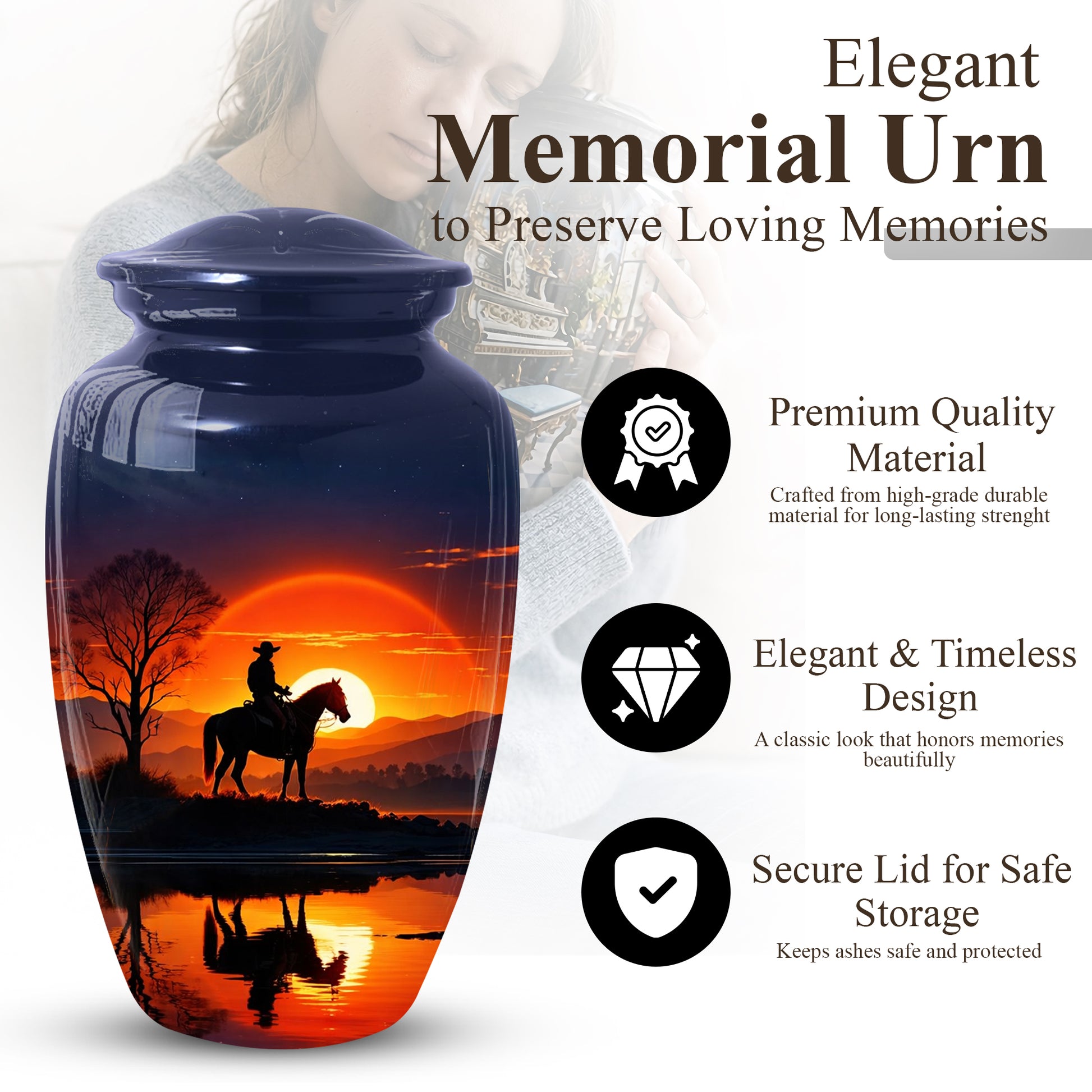 Cowboy Horse Urn for Dad | Funeral Cremation Large Urn for Father | Western Sunset Memorial Urn