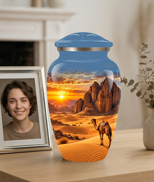 Adult Cremation Urn for Ashes, Personalized Desert Camel Aluminum Urn, Sunset Mountain Memorial Urn
