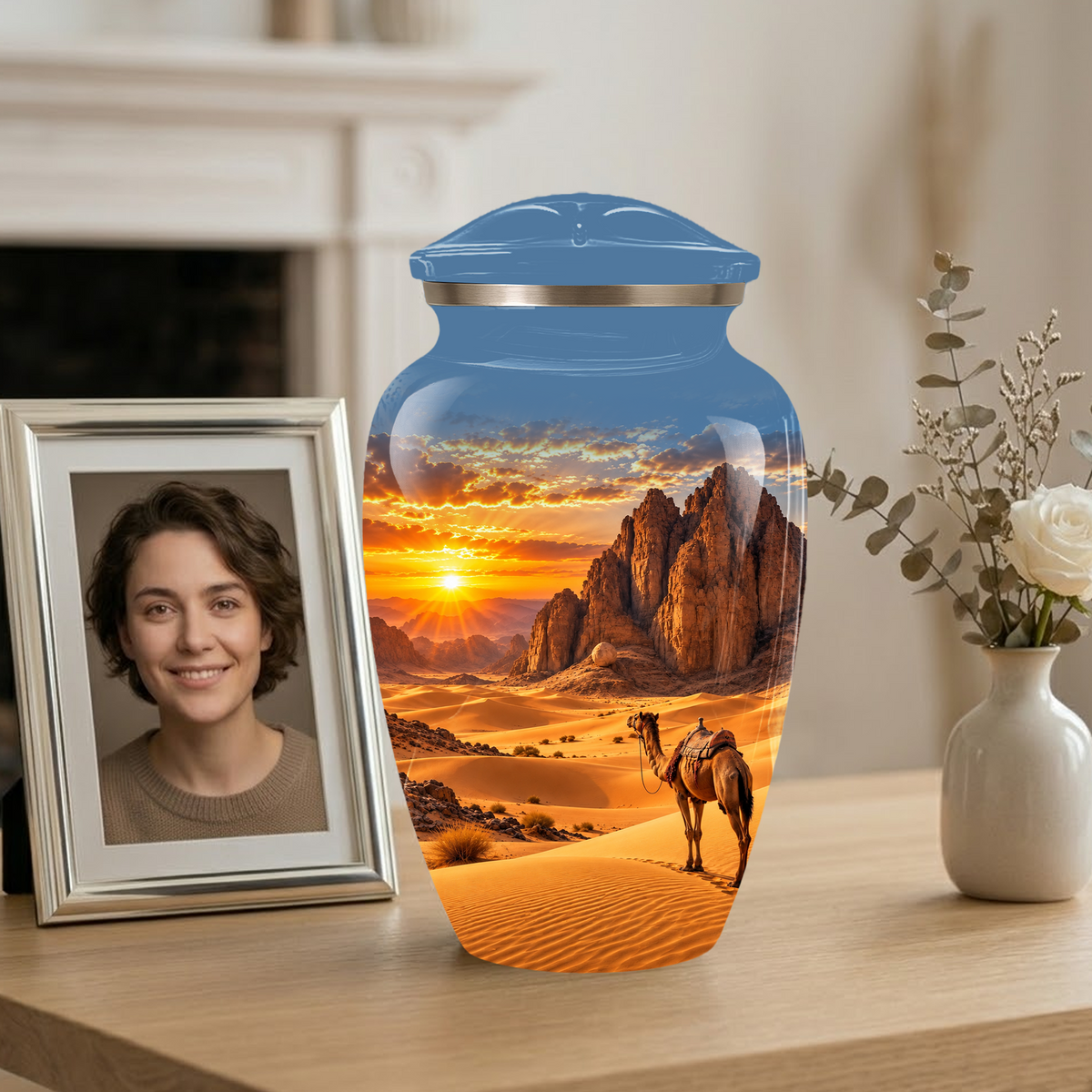 Adult Cremation Urn for Ashes, Personalized Desert Camel Aluminum Urn, Sunset Mountain Memorial Urn