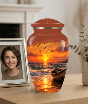 Beach Cremation Urn for Ashes | Ocean Sunset Memorial Urn | Personalized Beach & Ocean Theme Urn