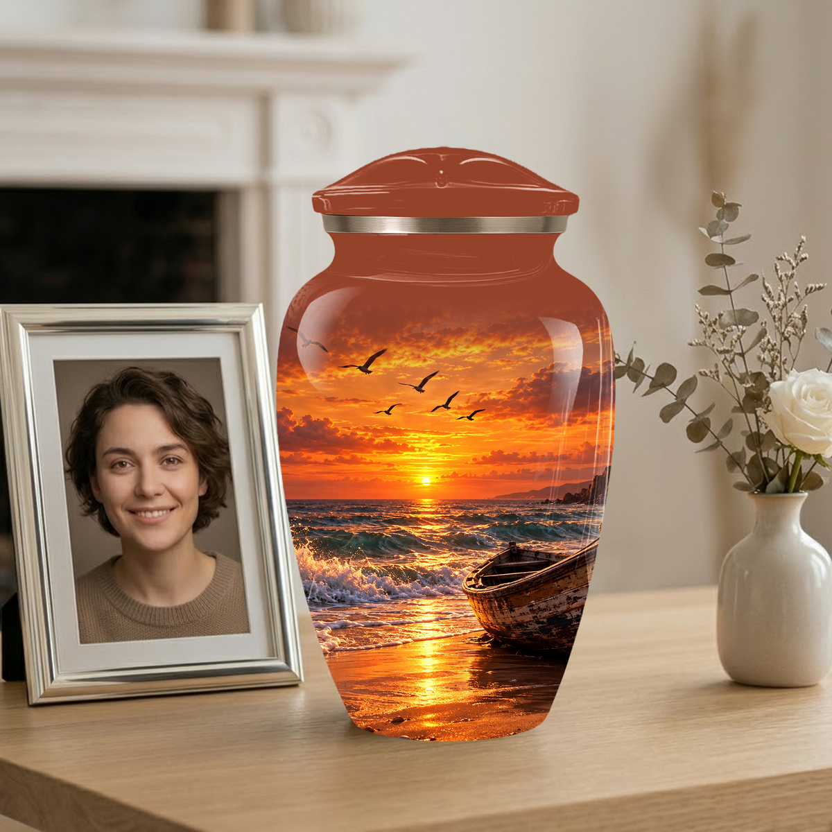 Beach Cremation Urn for Ashes | Ocean Sunset Memorial Urn | Personalized Beach & Ocean Theme Urn