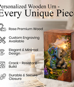 Wooden Cremation Urn for Human Ashes, Elephant Memorial Urn