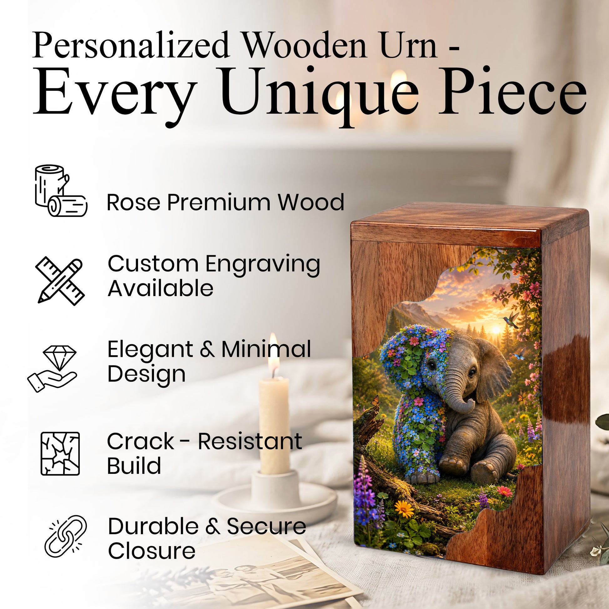 Wooden Cremation Urn for Human Ashes, Elephant Memorial Urn