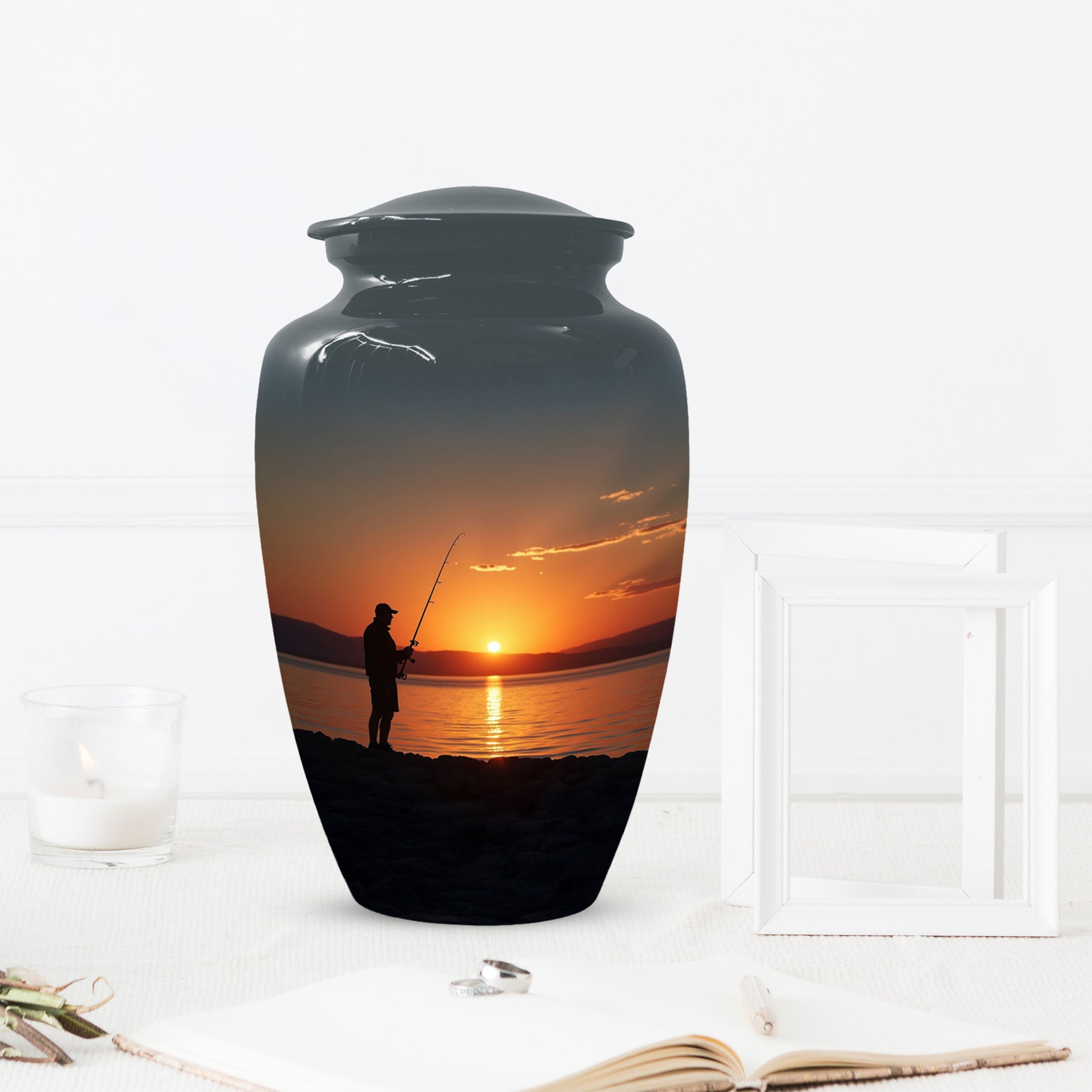 Fishing Sunset Urn for Dad | Fishing Cremation Urn for Adult Male Ashes