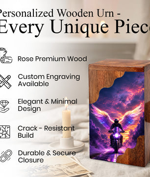Motorcycle Angel Wings Wooden Cremation Urn – Ride Free Memorial Urn for Human Ashes