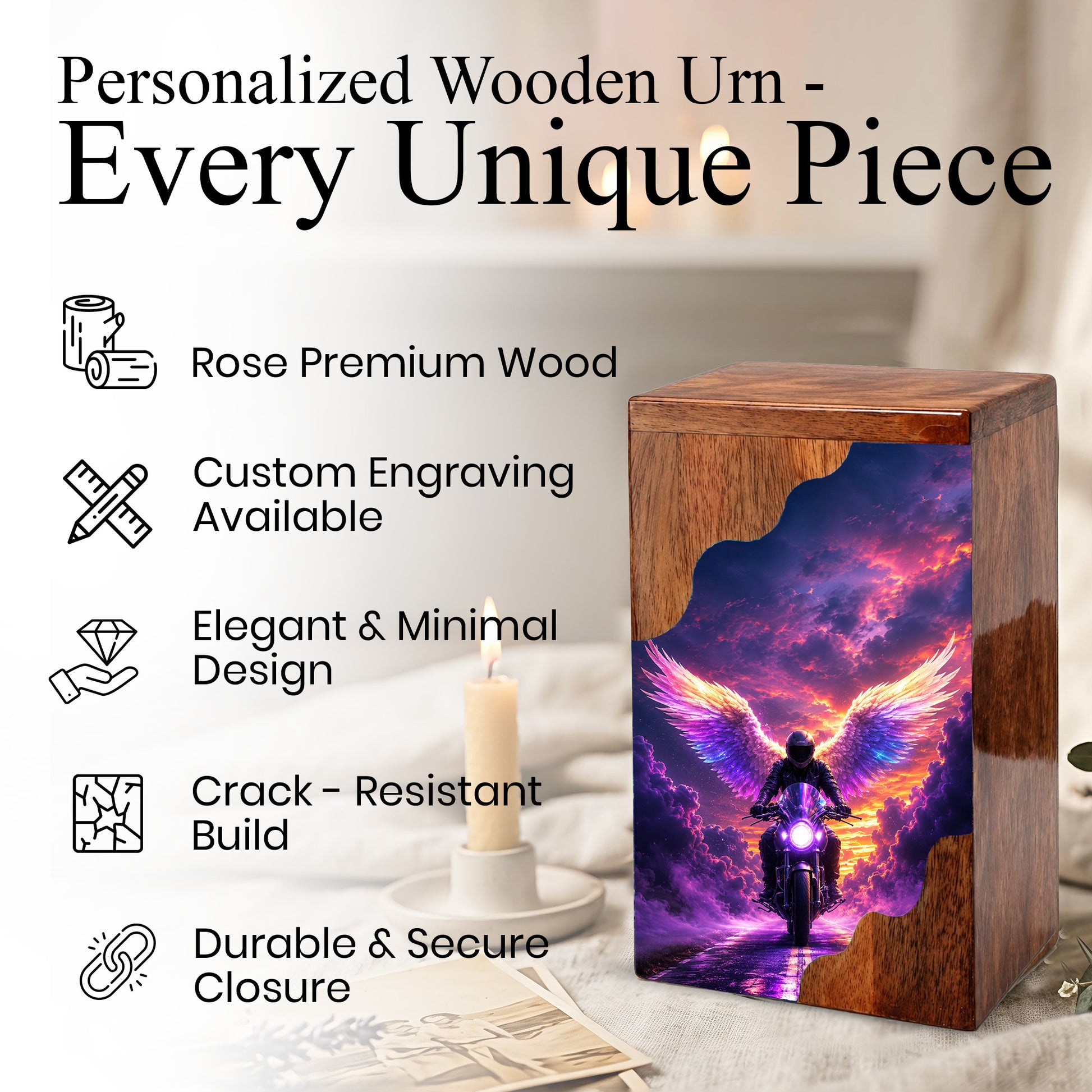 Motorcycle Angel Wings Wooden Cremation Urn – Ride Free Memorial Urn for Human Ashes