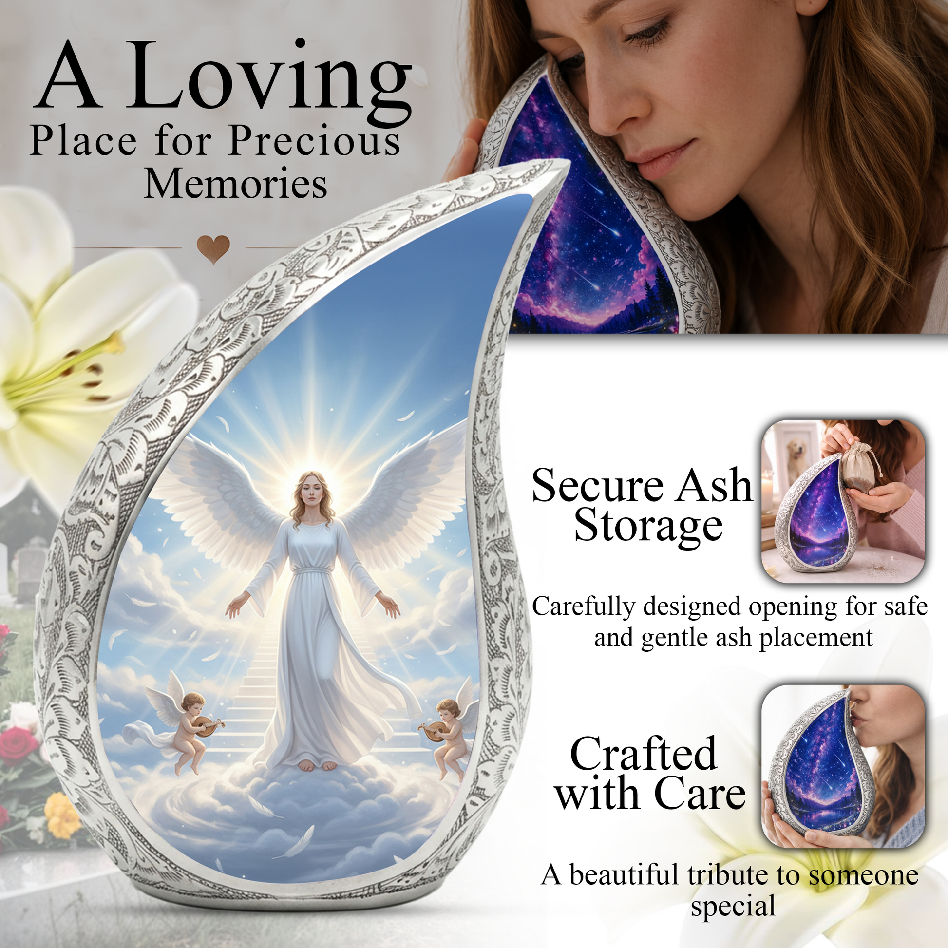 Personalized Angel Cremation Urn – Custom Heavenly Memorial Urn for Ashes, Guardian Angel Teardrop Aluminum Adult Urn, 10 Inch