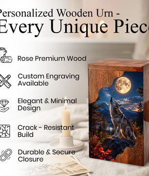 Wolf Wooden Cremation Urn – Personalized Memorial Urn for Human Ashes | Moonlit Wolf Wooden Urn