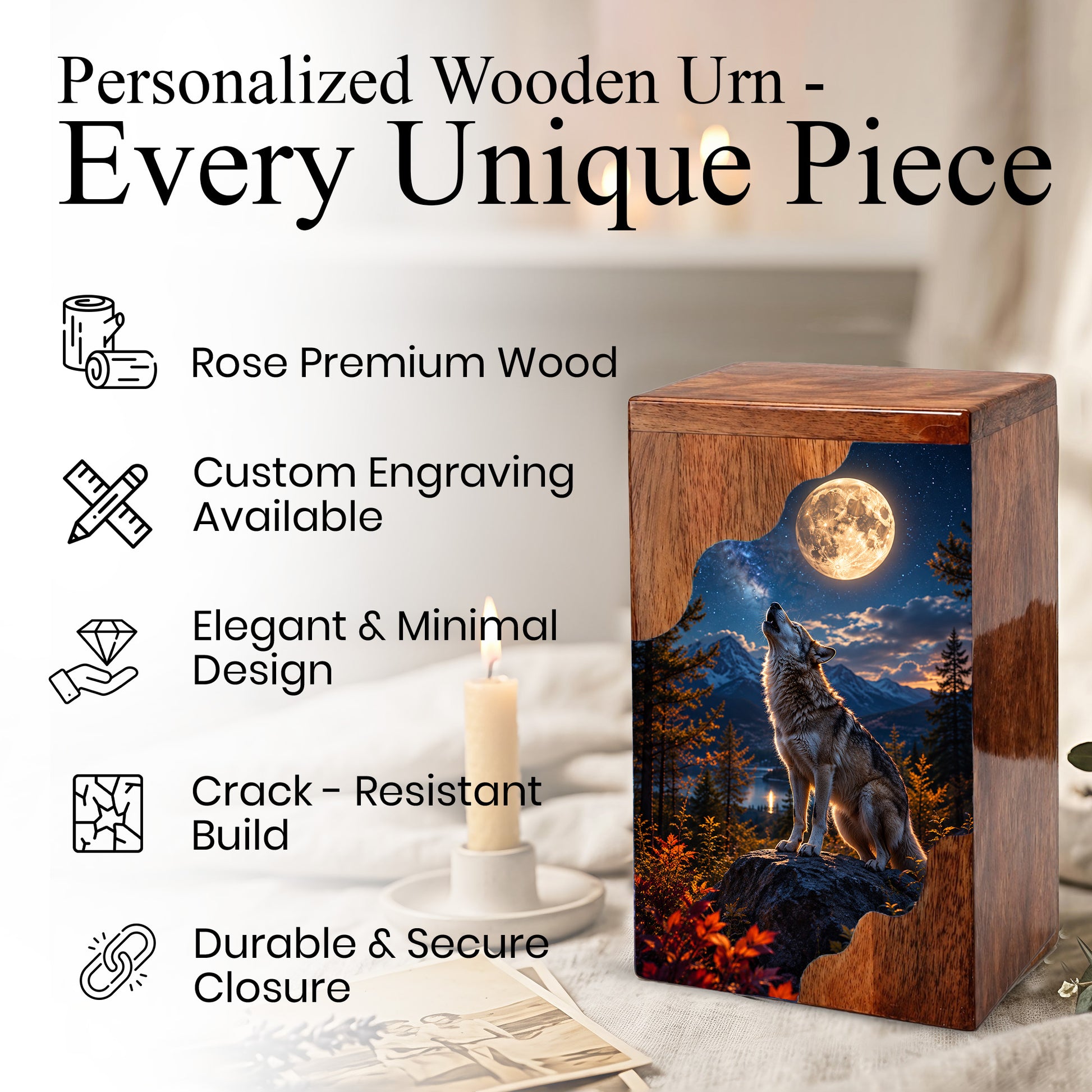 Wolf Wooden Cremation Urn – Personalized Memorial Urn for Human Ashes | Moonlit Wolf Wooden Urn