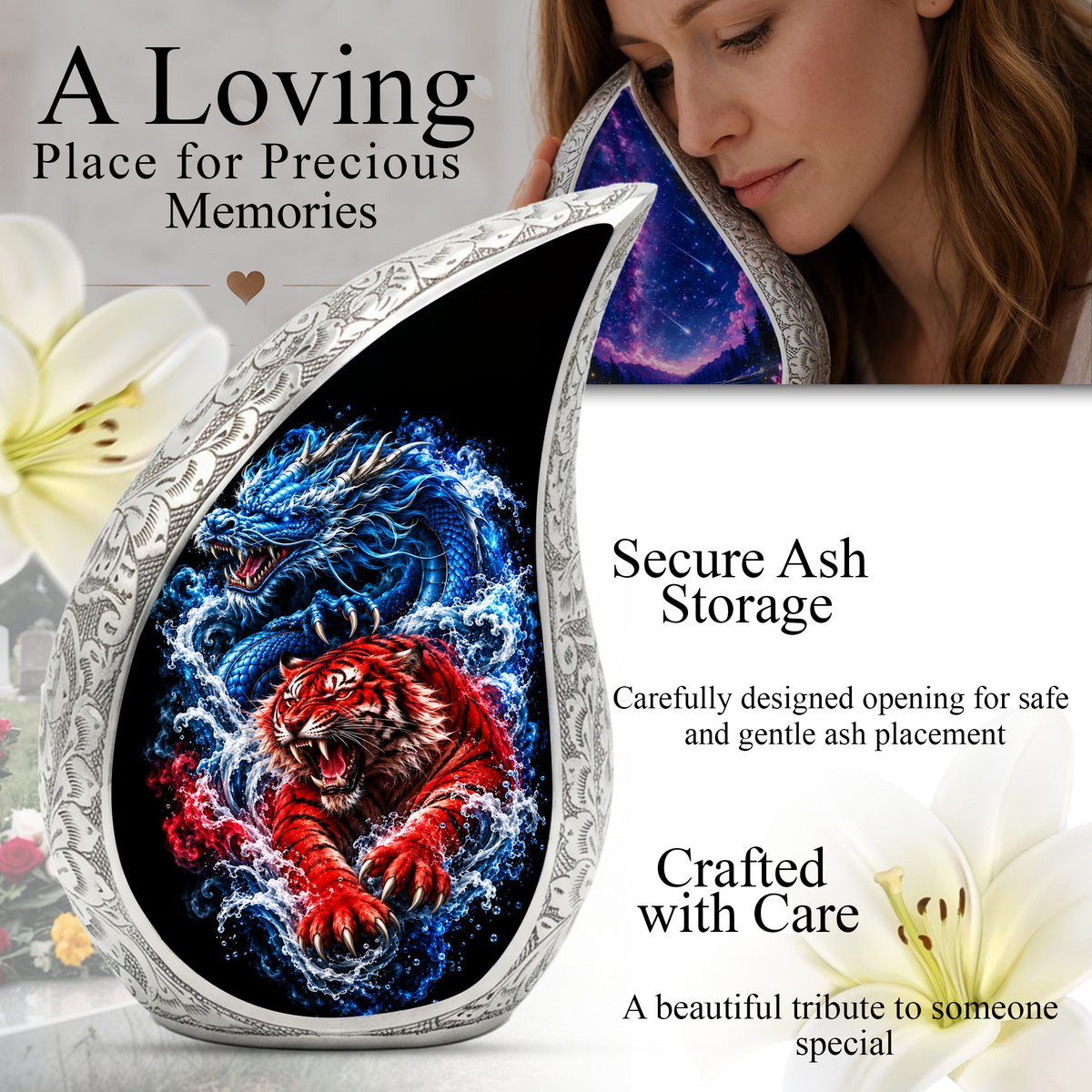 Dragon Tiger Cremation Urn for Ashes, Asian Dragon Memorial Urn, Red Tiger & Blue Dragon Urn, Personalized Adult Urn for Men
