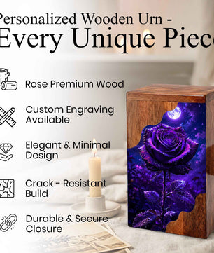 Moonlit Purple Rose Wooden Cremation Urn – Floral Memorial Urn for Human Ashes