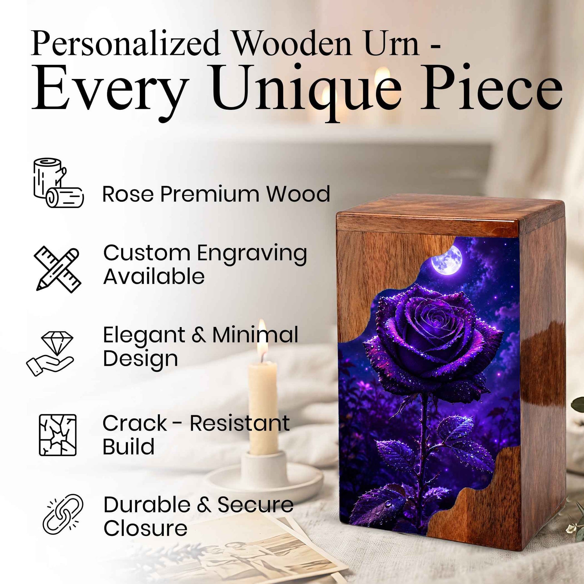 Moonlit Purple Rose Wooden Cremation Urn – Floral Memorial Urn for Human Ashes