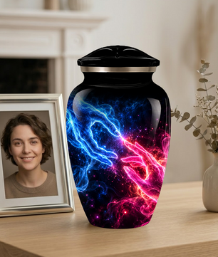 Cosmic Hands Cremation Urn for Adult Ashes, Blue and Pink Galaxy Memorial Urn, Personalized Funeral Urn for Human Ashes, Celestial Keepsake