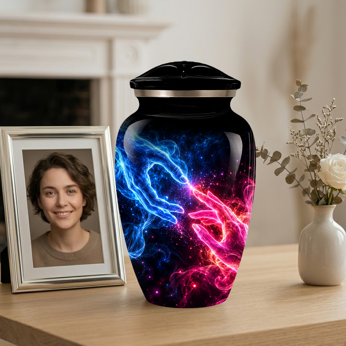 Cosmic Hands Cremation Urn for Adult Ashes, Blue and Pink Galaxy Memorial Urn, Personalized Funeral Urn for Human Ashes, Celestial Keepsake
