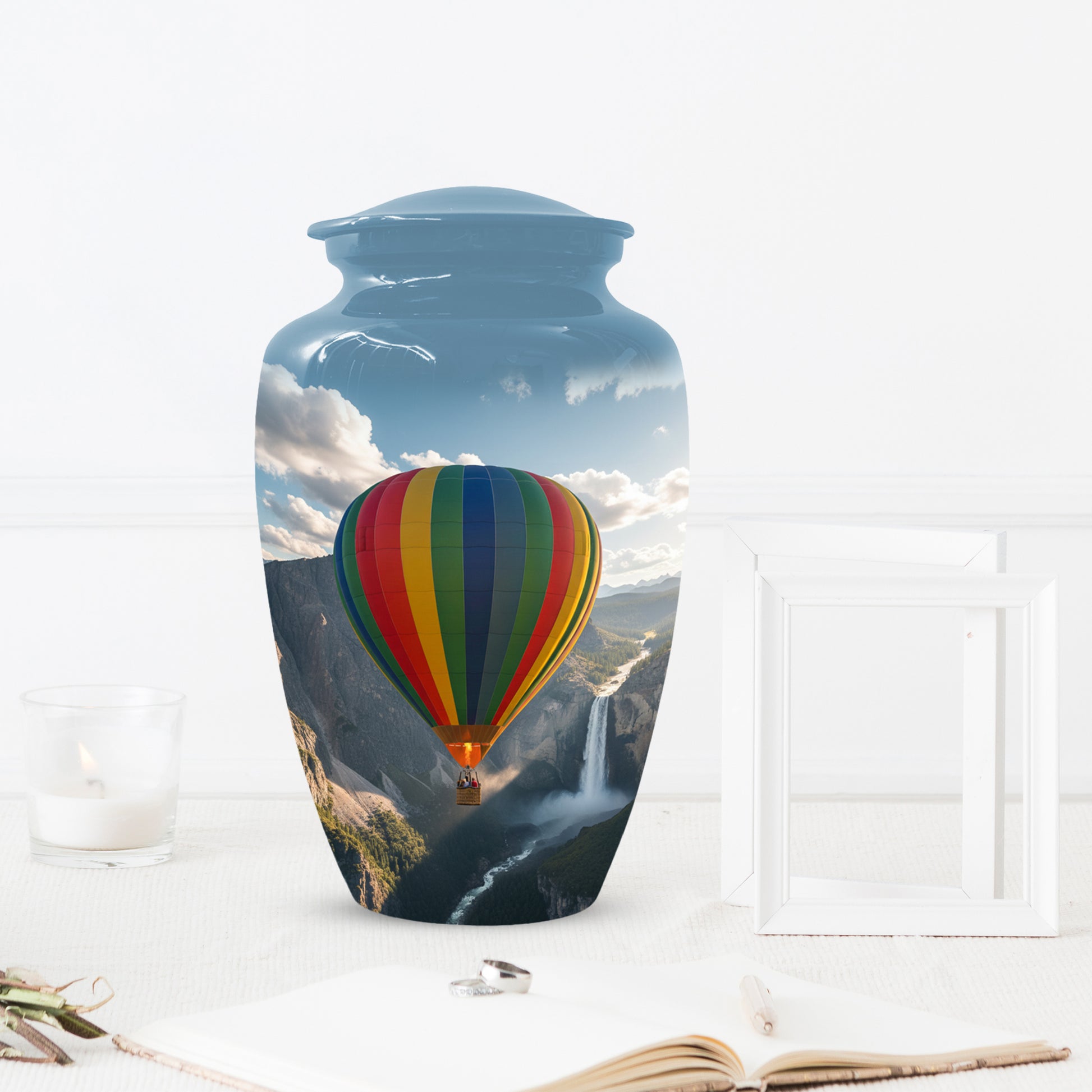 Hot Air Balloon Cremation Urn for Adult Ashes | Scenic Mountain & Waterfall Memorial Adult Urn