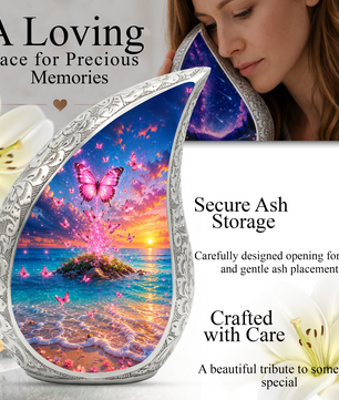 Butterfly Ocean Sunset Urn for Human Ashes | Pink Butterfly Beach Cremation Urn for Mom,