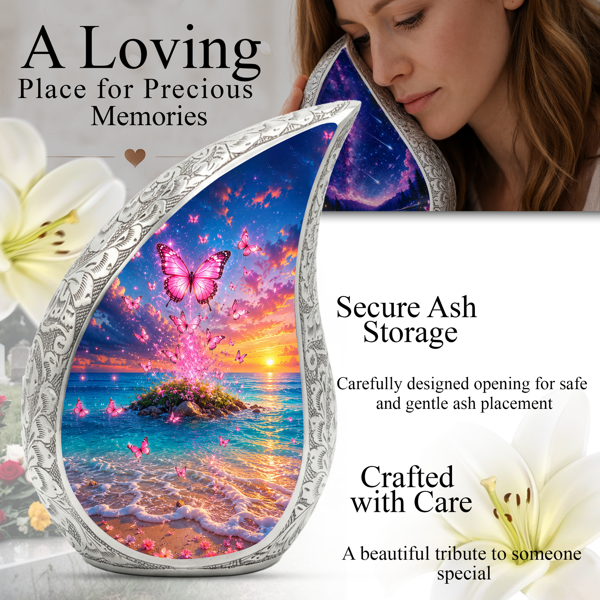 Butterfly Ocean Sunset Urn for Human Ashes | Pink Butterfly Beach Cremation Urn for Mom,