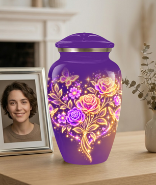 Purple Rose & Butterfly Cremation Urn for Ashes | Personalized Floral Memorial Urn | Handmade Adult Urn for Human Ashes