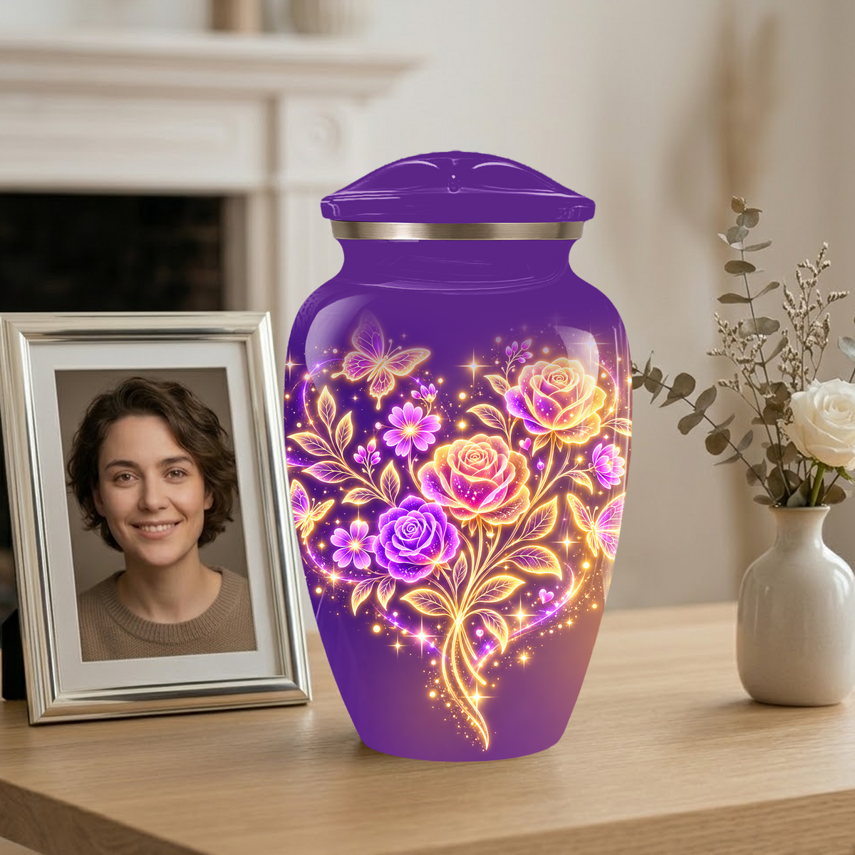 Purple Rose & Butterfly Cremation Urn for Ashes | Personalized Floral Memorial Urn | Handmade Adult Urn for Human Ashes