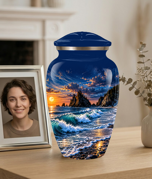 Personalized Adult Cremation Urn for Ashes, Custom Memorial Urn, Ocean Waves and Sunset Design