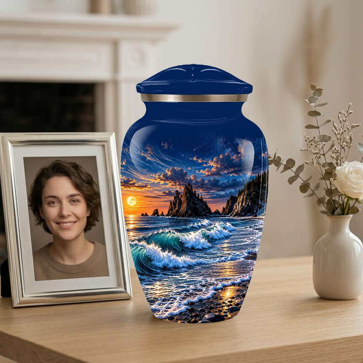 Personalized Adult Cremation Urn for Ashes, Custom Memorial Urn, Ocean Waves and Sunset Design