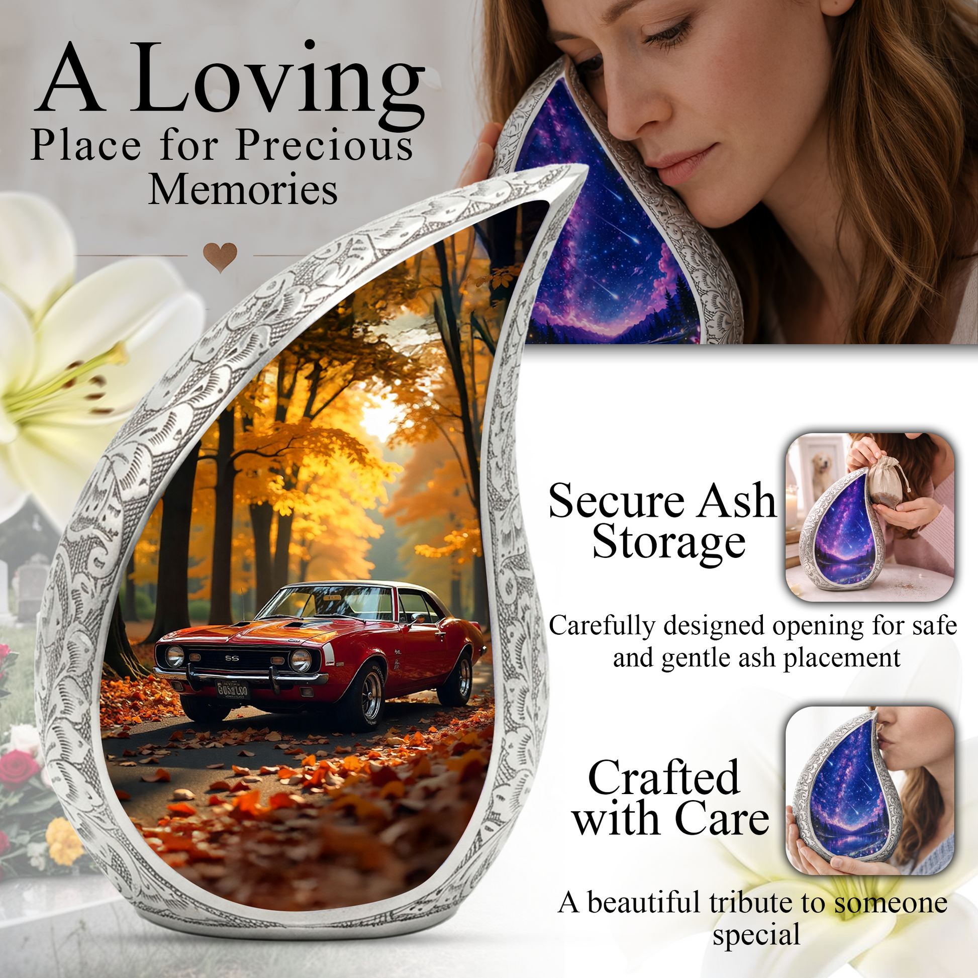 Classic Car Personalized Cremation Urn for Dad – Teardrop Style Aluminum Memorial Urn, 10 Inch