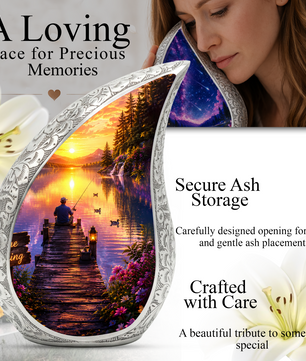 Woodland Lake Fishing Urn for Human Ashes – Nature Scene Cremation Urn with Mountain Lake, Fishing & Sunset