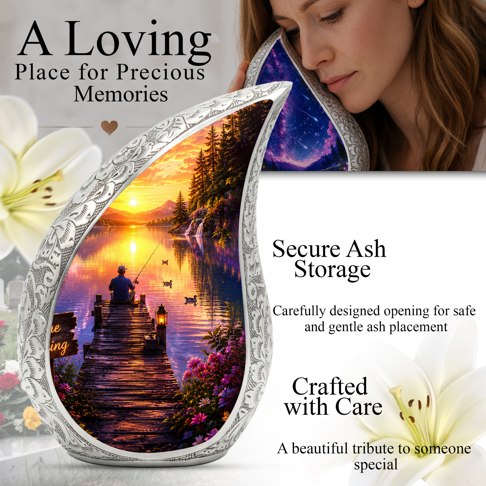 Woodland Lake Fishing Urn for Human Ashes – Nature Scene Cremation Urn with Mountain Lake, Fishing & Sunset