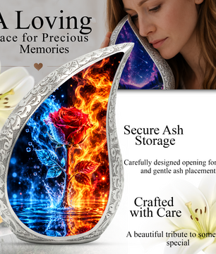 Red Rose Cremation Urn for Ashes, Blue and Fire Rose Adult Memorial Urn