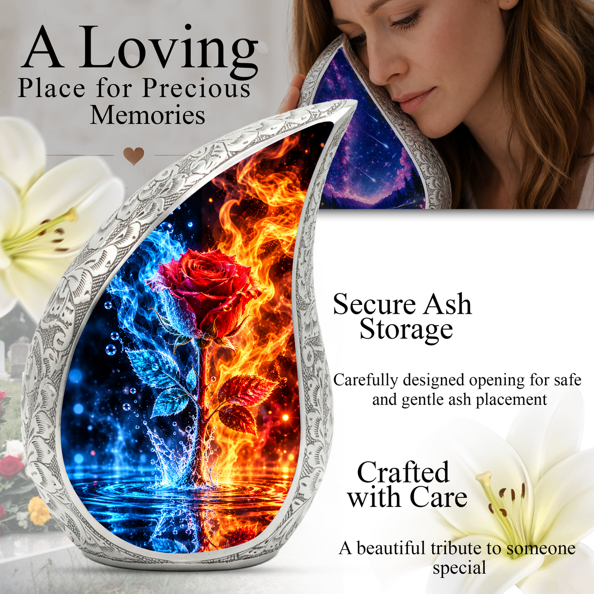 Red Rose Cremation Urn for Ashes, Blue and Fire Rose Adult Memorial Urn
