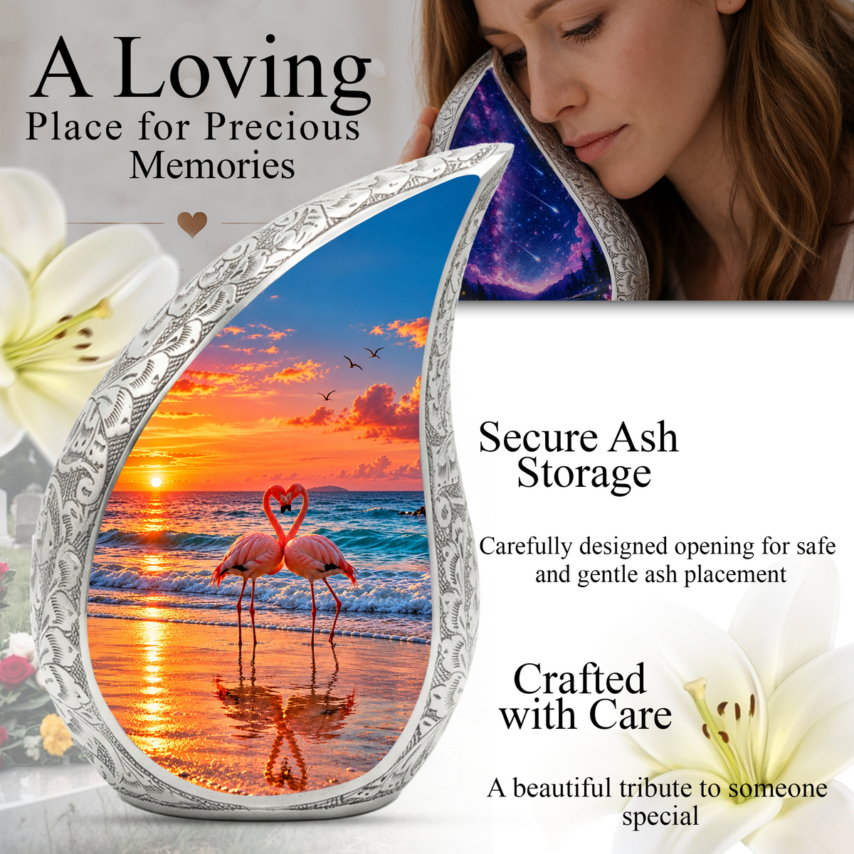 Flamingo Cremation Urn for Ashes, Beach Sunset Memorial Urn, Adult Aluminum Urn