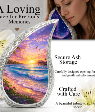 Personalized Beach Cremation Urn – Custom Ocean Sunset Memorial Urn for Ashes, Tropical Beach Teardrop Aluminum Adult Urn, 10 Inch |