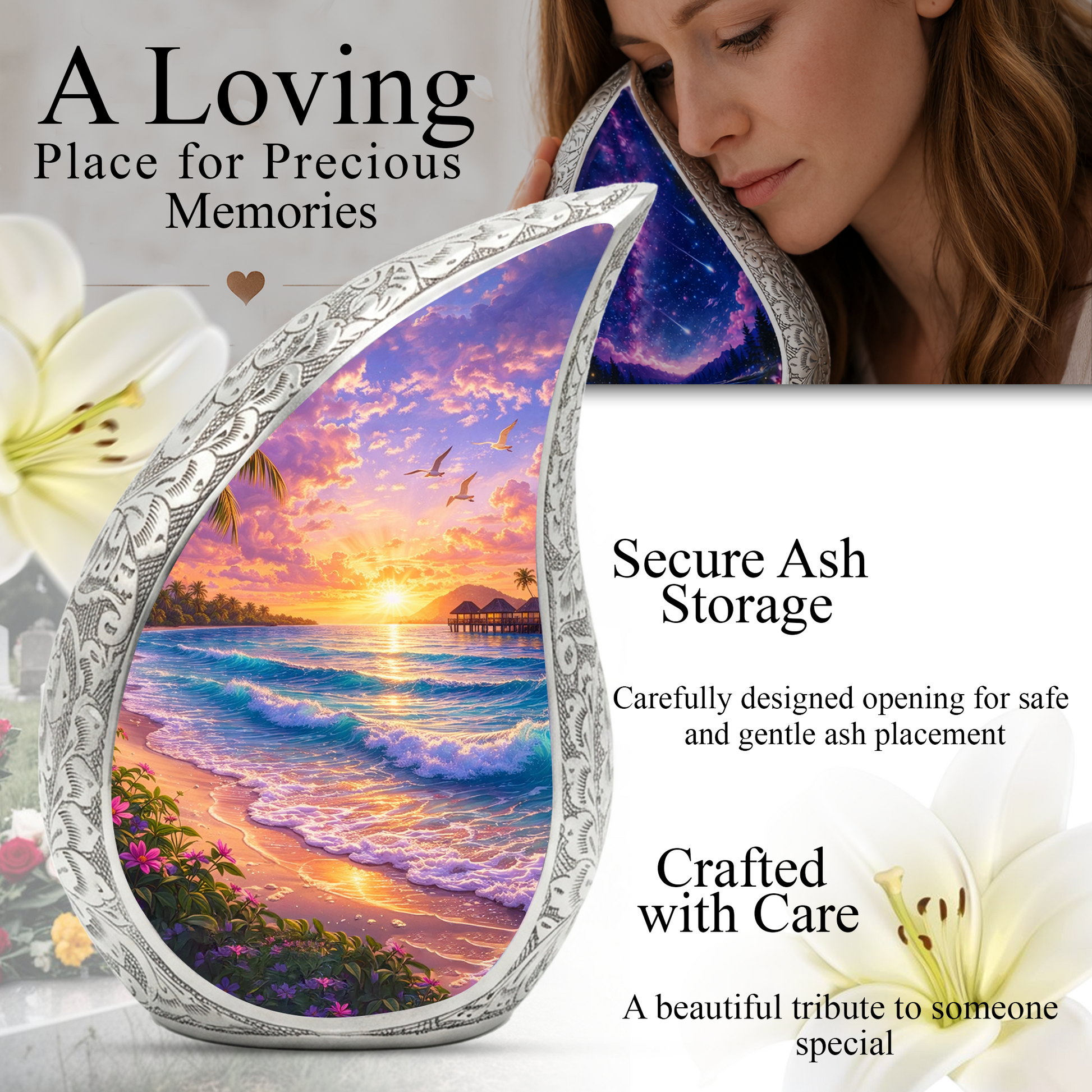 Personalized Beach Cremation Urn – Custom Ocean Sunset Memorial Urn for Ashes, Tropical Beach Teardrop Aluminum Adult Urn, 10 Inch |