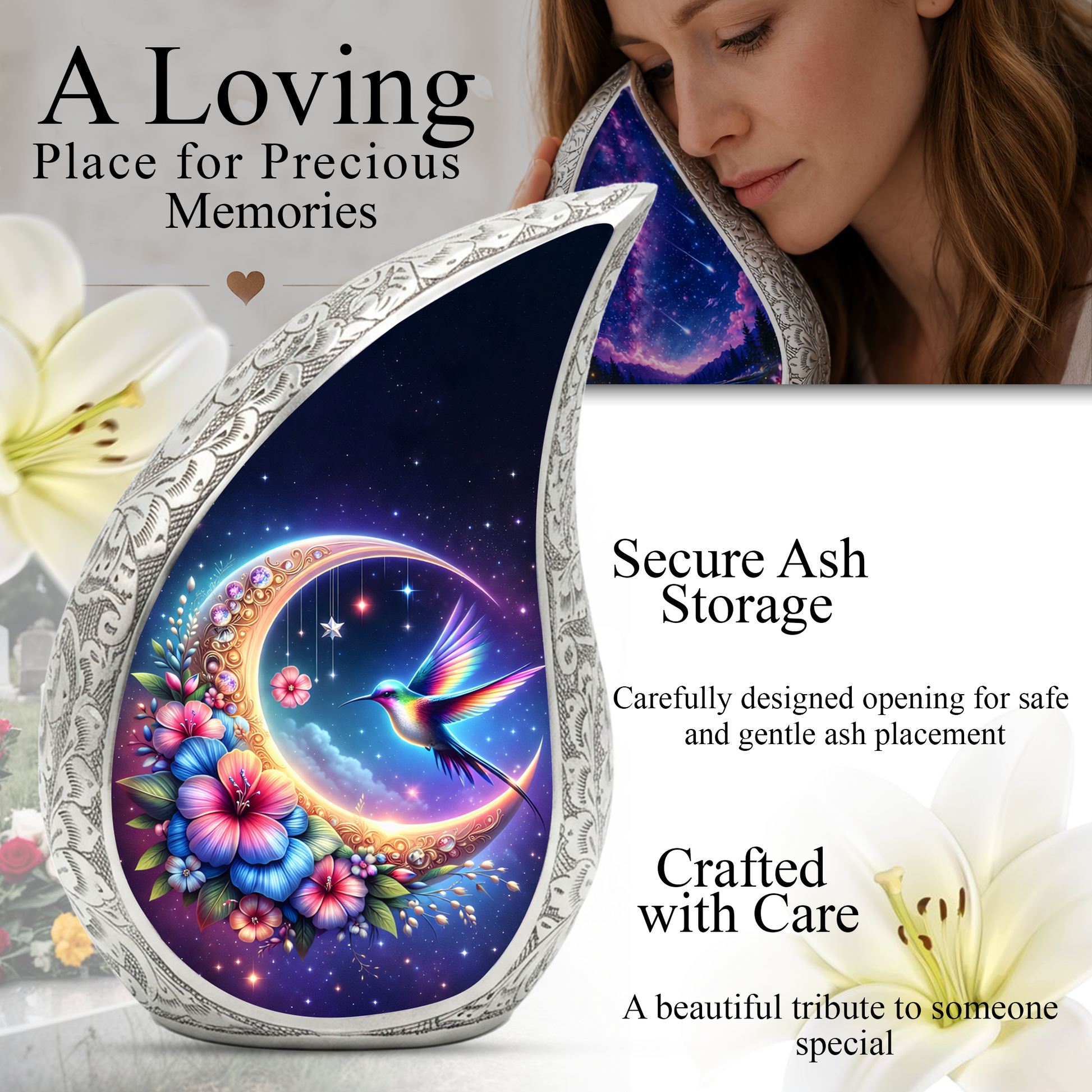 Beautiful Flower Moon with Hummingbird Cremation Urn for Mom & Loved Ones