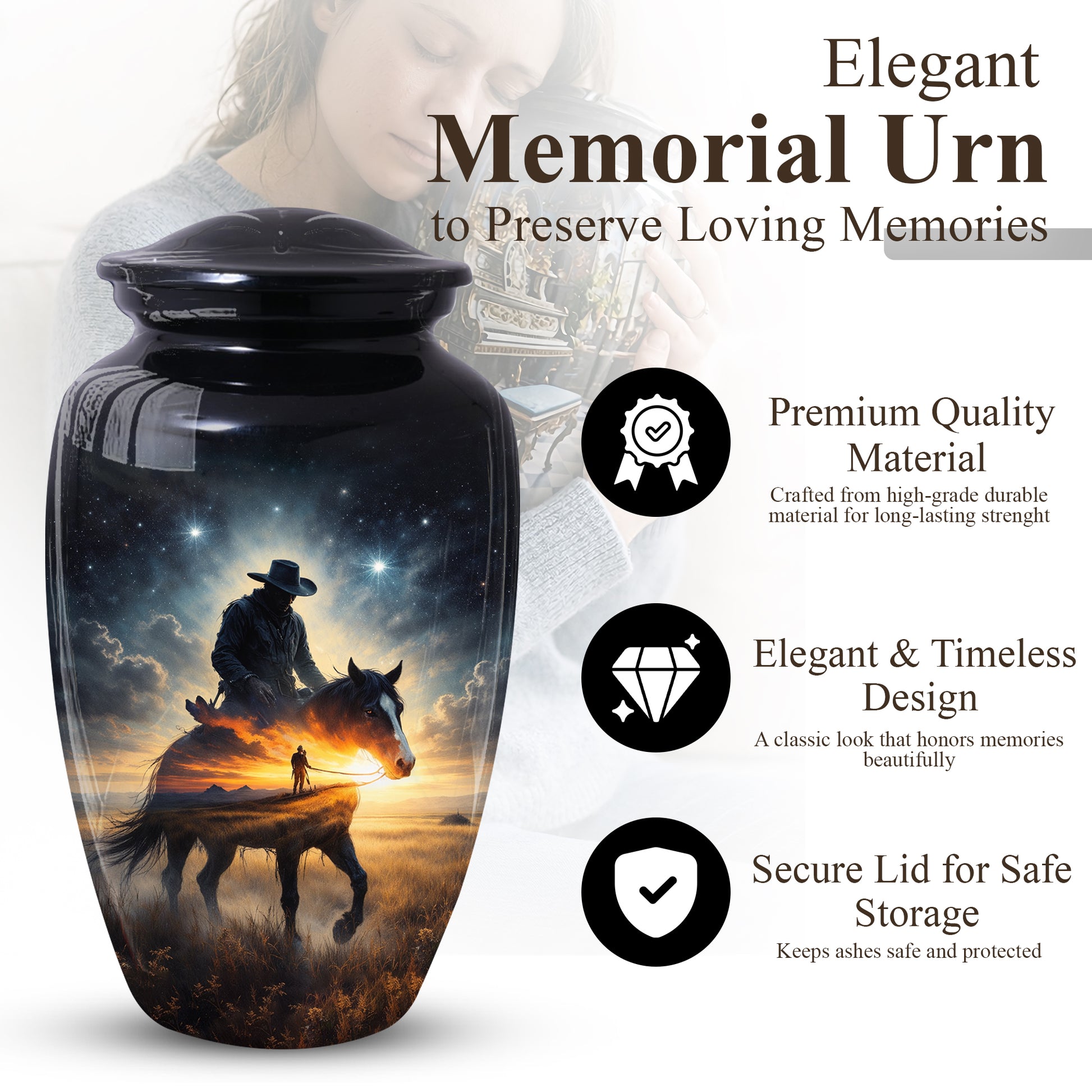 Cowboy Horse Urns for Dad, Western Cremation Large Urn for Men