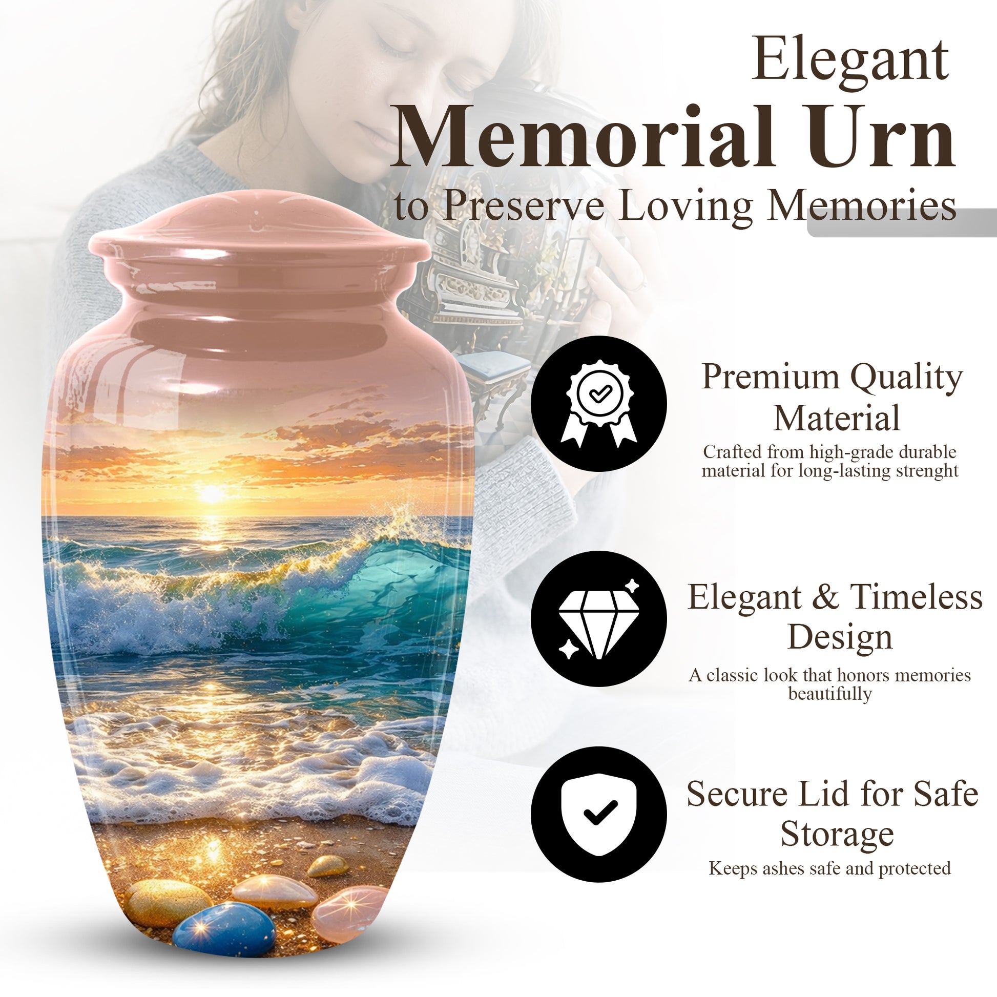 Ocean Sunset Urn for Mom | Beach Cremation  Large Urn for Women | Adult Female Memorial Urn