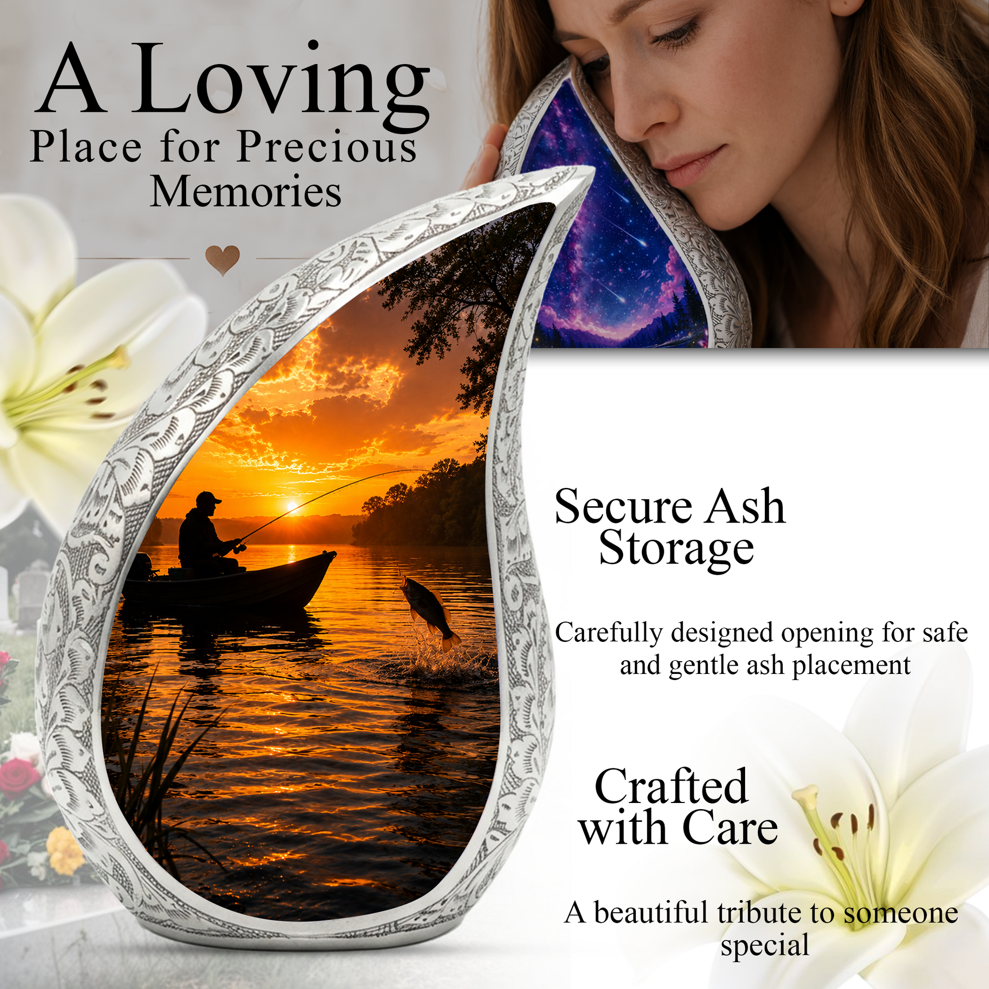 Fishing Sunset Urn for Dad – Gone Fishing Cremation Urn for Human Ashes, Adult Male Memorial